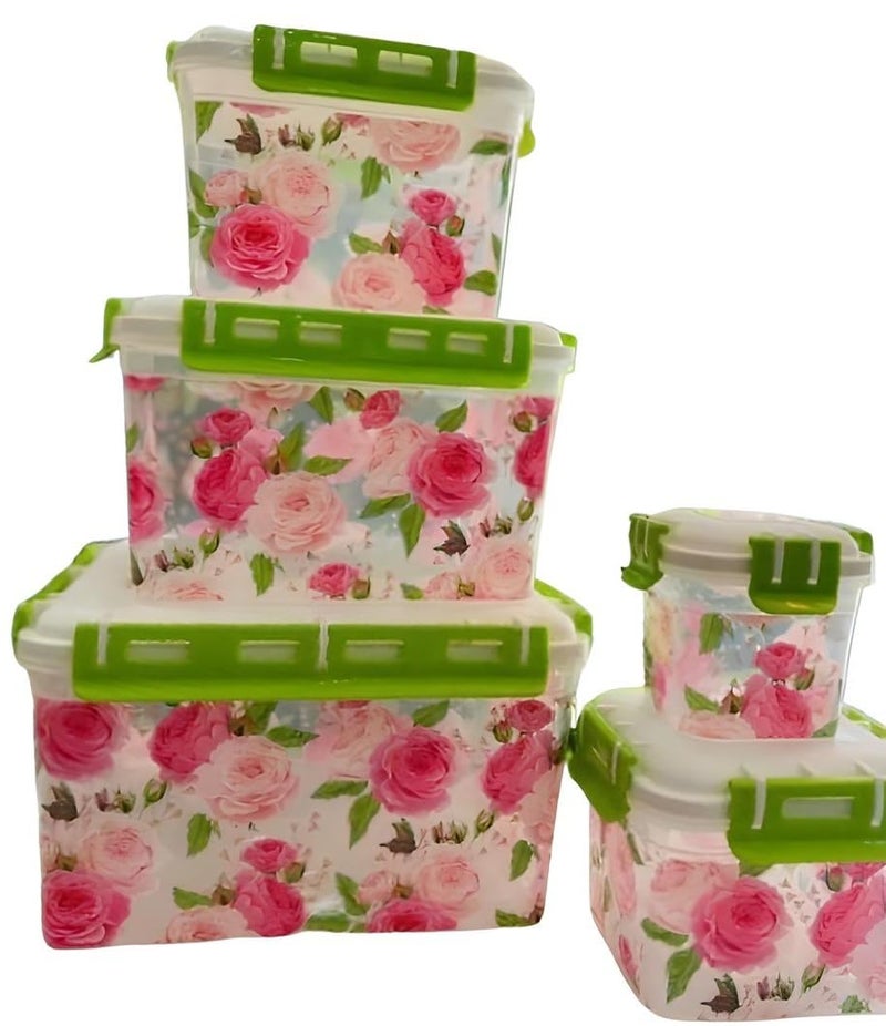 GION Square Shape Container Storage Jar 5 in 1 Flower Printed Storage Box for Kitchen Fridge Plastic Food Storage Containers 1Set - Image 1