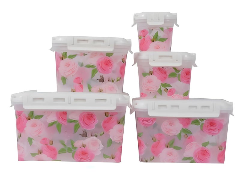 GION Square Shape Container Storage Jar 5 in 1 Flower Printed Storage Box for Kitchen Fridge Plastic Food Storage Containers 1Set - Image 2