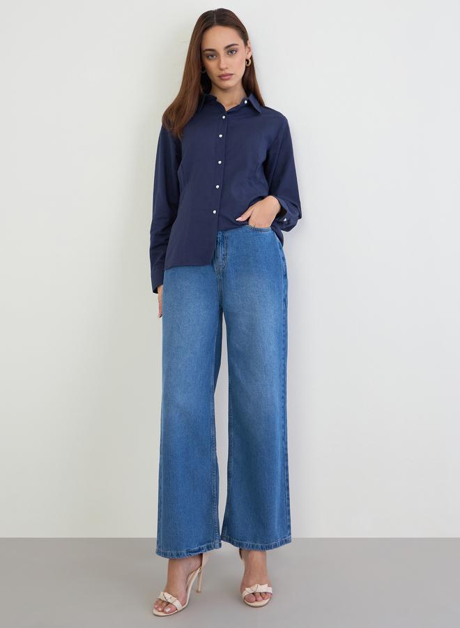 Styli Navy Regular Fit Shirt with Pearl Buttons - Image 2