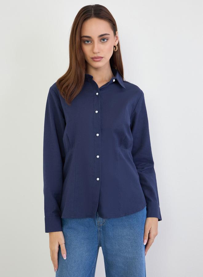 Styli Navy Regular Fit Shirt with Pearl Buttons - Image 3