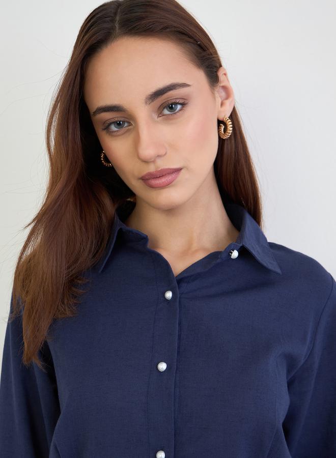 Styli Navy Regular Fit Shirt with Pearl Buttons - Image 4