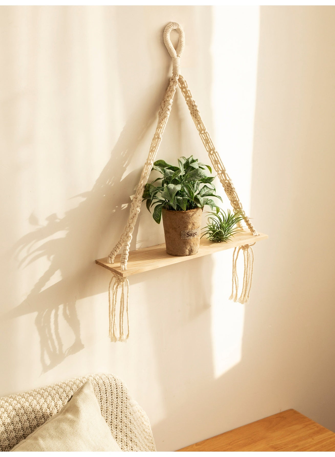 Macrame Hanging Plant Shelf with Wooden Display, floating shelf,Minimalist Boho Home Décor, Natural Rope Wall Shelf, Indoor Plant Storage, Living Room/Bedroom Organizer