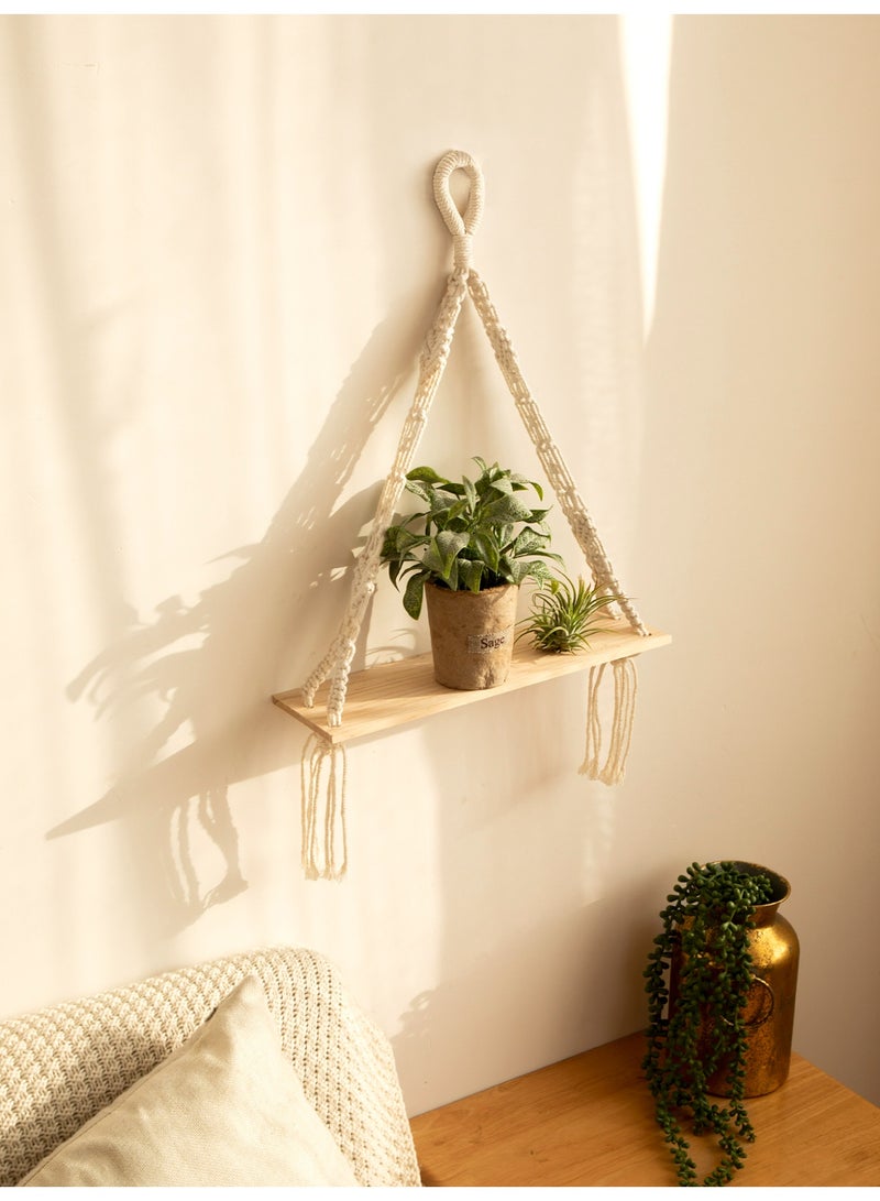 Macrame Hanging Plant Shelf with Wooden Display, floating shelf，Minimalist Boho Home Décor, Natural Rope Wall Shelf, Indoor Plant Storage, Living Room/Bedroom Organizer - Image 5