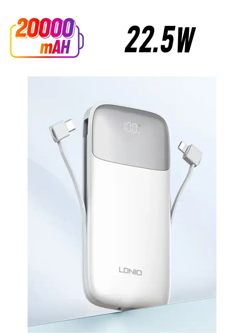 LDNIO باور بانك 20000 مللي أمبير في الساعة USB-C شحن سريع باور بانك شاشة LED ذكية مع كابل شحن مدمج - Image 1