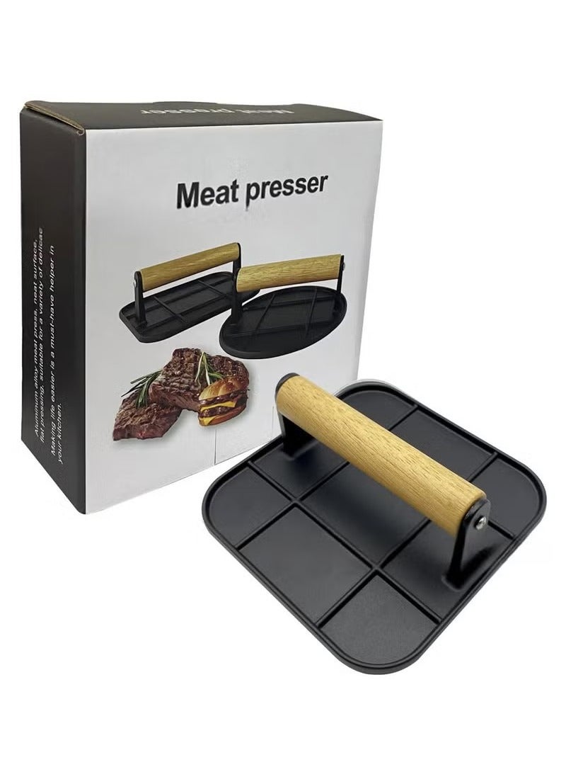 Arabest Burger Press, Stainless Steel Smash Burger Press, 6.3" Round Hamburger Smasher Tool, Bacon Press Steak Press with Wood Handle and Silicone Protective Cover for Meat Weight Press Cooking (Black Square)  - Image 1