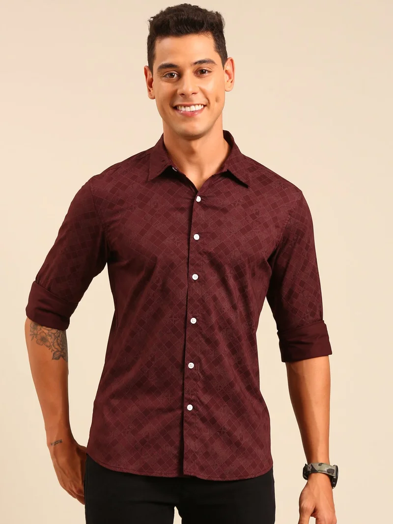 Joven  Maroon Printed Cotton Shirt for Men for Men | Best Price UAE