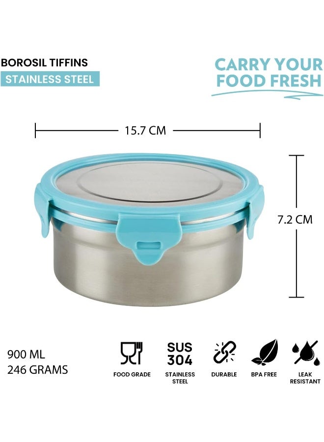 Borosil Stainless Steel Leak-Proof Lunch Box with Blue Lid - 900 ml Round Container for School & Office Blue - Image 2