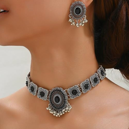 Peora Oxidized Silver Plated Black Artificial Stone Studded Floral Style Choker Necklace with Earrings Set Fashion Jewellery for Women & Girls - Image 2