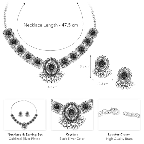 Peora Oxidized Silver Plated Black Artificial Stone Studded Floral Style Choker Necklace with Earrings Set Fashion Jewellery for Women & Girls - Image 4