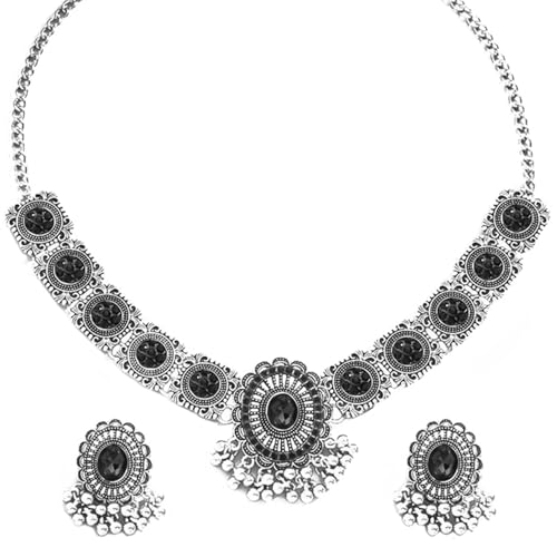 Peora Oxidized Silver Plated Black Artificial Stone Studded Floral Style Choker Necklace with Earrings Set Fashion Jewellery for Women & Girls - Image 1