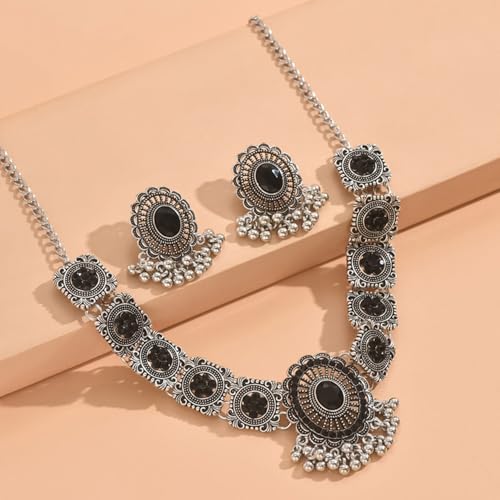 Peora Oxidized Silver Plated Black Artificial Stone Studded Floral Style Choker Necklace with Earrings Set Fashion Jewellery for Women & Girls - Image 3