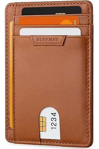 Buffway Slim Wallet for Men Women Minimalist Small Leather Front Pocket Wallets with RFID Blocking and Gifts Box - Bassa Brown - Image 1