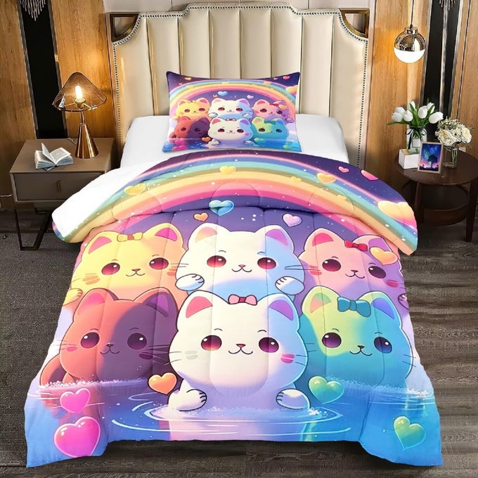 RAINBOW CAT COMFORTER TWIN SIZE CAT BEDDING FOR GIRLS ROOM CUTE CARTOON RAINBOW BEDDING TWIN SETS FOR KIDS 1 COMFORTER1 PILLOWCASE