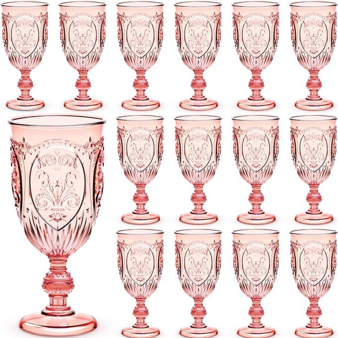 24 PCS PLASTIC GOBLETS 75OZ VINTAGE GOBLET PLASTIC WINE GLASSES COLORED RETRO EMBOSSED WATER GOBLETS FOR WINE BAR JUICE BABY SHOWER WEDDING RECEPTION GRAND EVENT PARTY PINK