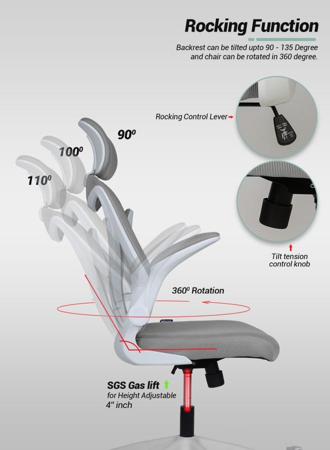 دراجو كرسي مكتب DROGO المريح الفاخر للعمل من المنزل، كرسي كمبيوتر عالي الظهر مزود بشبكة، ومسند ذراع قابل للطي، ومقعد قابل للتعديل ودعم أسفل الظهر، كرسي شبكي للمكتب - Image 4