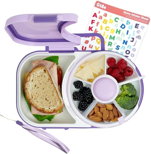 GoBe Kids Lunchbox with Small Snack Spinner Flip  Bundle with Hand Strap  Sticker Sheet 2in1 Bento Style Lunch Container 5 Small 1 Large Sandwich Compartment BPA  PVC Free  Taro Purple