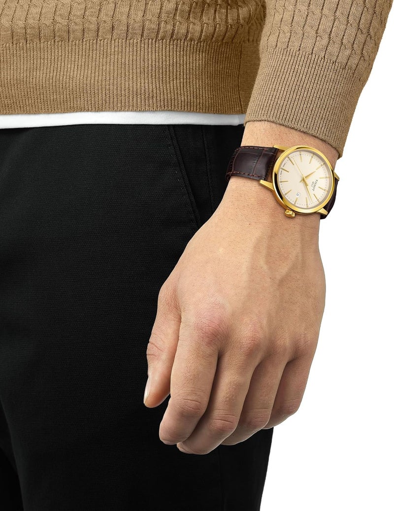 Tissot Men's Classic Dream Quartz Watch with Yellow Gold PVD Coating and Brown Leather Strap - Image 5