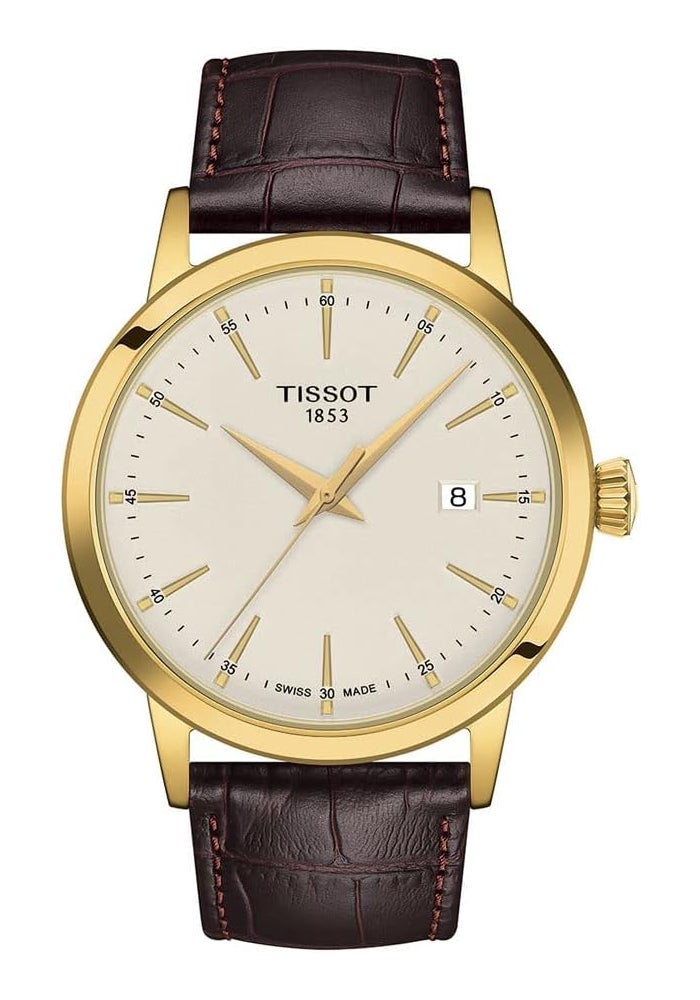 Tissot Men's Classic Dream Quartz Watch with Yellow Gold PVD Coating and Brown Leather Strap - Image 1