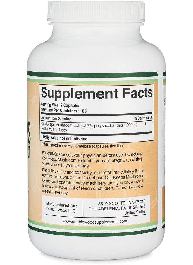 Cordyceps Capsules (Cordyceps Sinensis Mushroom Extract) 210 Count, 3.5 Month Supply, 1,000MG (7% Polysaccharides with Alpha and Beta Glucans) Overall and Aging Support by Double Wood