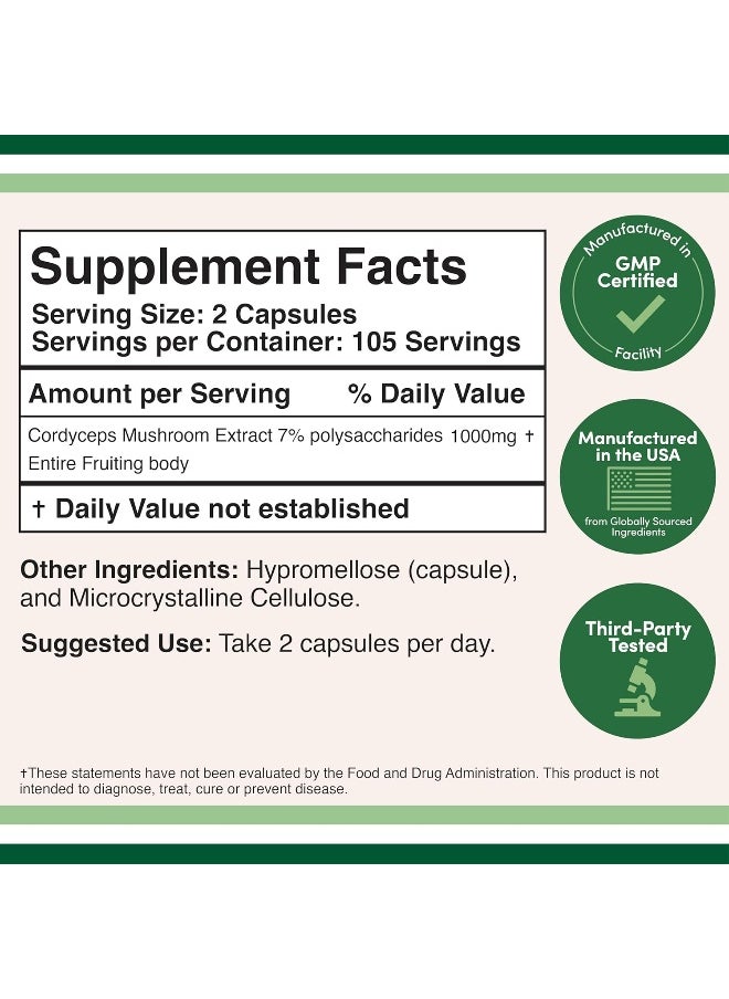 Cordyceps Capsules (Cordyceps Sinensis Mushroom Extract) 210 Count, 3.5 Month Supply, 1,000MG (7% Polysaccharides with Alpha and Beta Glucans) Overall and Aging Support by Double Wood