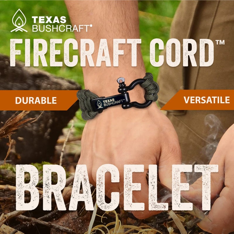 Texas Bushcraft Firecraft Cord Survival Bracelet â€“ Paracord Bracelet with Bow Shackle for Camping and Emergency â€“ 3 Extra Strands Include Wax Thread, Tinder, and Fishing Line (Army Green, L) - Image 3