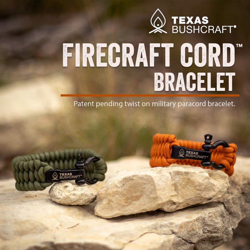 Texas Bushcraft Firecraft Cord Survival Bracelet â€“ Paracord Bracelet with Bow Shackle for Camping and Emergency â€“ 3 Extra Strands Include Wax Thread, Tinder, and Fishing Line (Army Green, L) - Image 2
