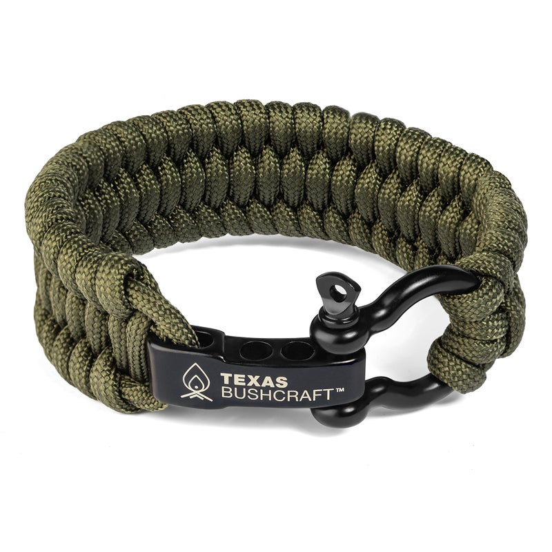 Texas Bushcraft Firecraft Cord Survival Bracelet â€“ Paracord Bracelet with Bow Shackle for Camping and Emergency â€“ 3 Extra Strands Include Wax Thread, Tinder, and Fishing Line (Army Green, L) - Image 1