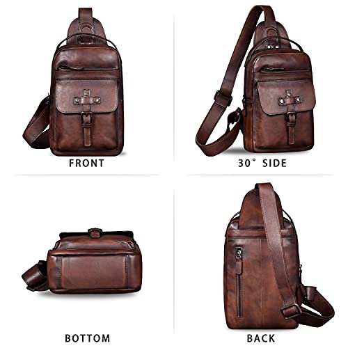 IVTG Genuine Leather Sling Bag Chest Shoulder Fanny Bag Hiking Backpack Vintage Handmade Crossbody Daypack (Coffee) - Image 4