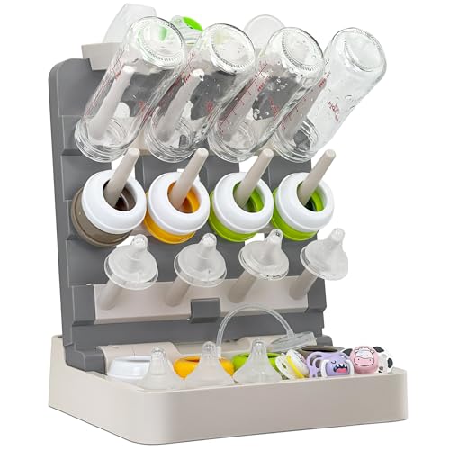 CINWWNI Baby Bottle Drying Rack Vertical Standing Bottle Dryer Rack HolderSpace Saving Baby Bottle Drying Rack for CountertopHolds Up to 12 Baby Bottles CupGray Khaki - Image 1