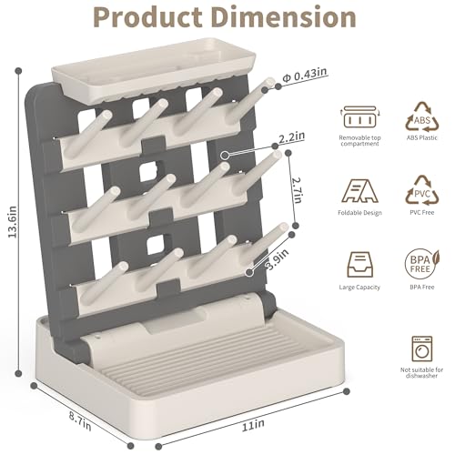 CINWWNI Baby Bottle Drying Rack Vertical Standing Bottle Dryer Rack HolderSpace Saving Baby Bottle Drying Rack for CountertopHolds Up to 12 Baby Bottles CupGray Khaki - Image 3