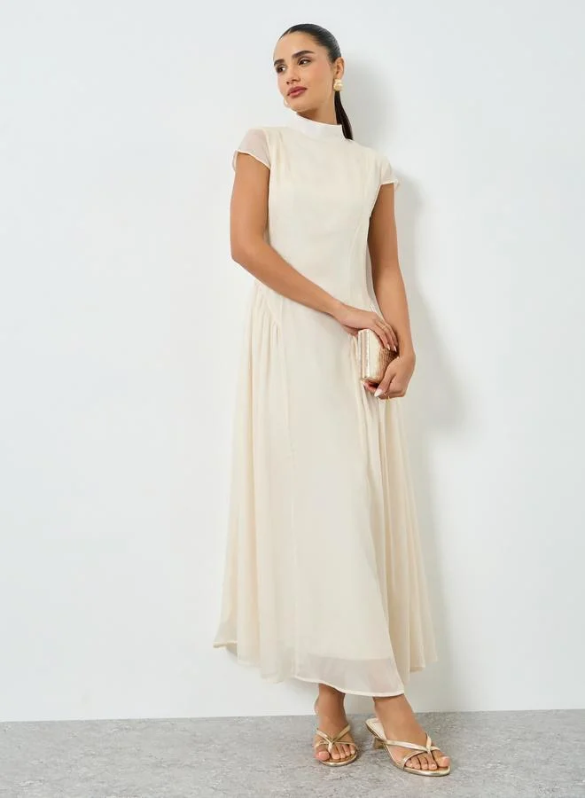 Beige Pleated Short Sleeves A-Line Midi Dress