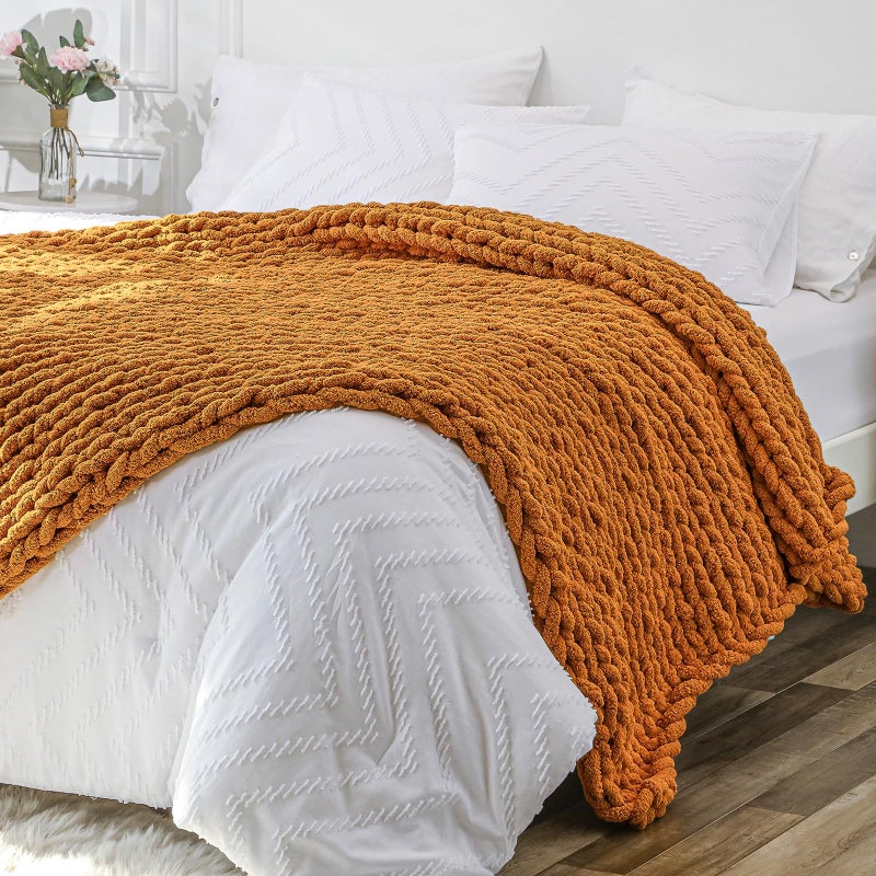 Bigacogo Chunky Knit Throw Blanket for Couch 40x80 inches 100 Hand Knitted with Thick Jumbo Chenille Yarn Cozy Soft Large Rope Knot Cable Crochet Blankets for Sofa Bed Living Room Burnt Orange