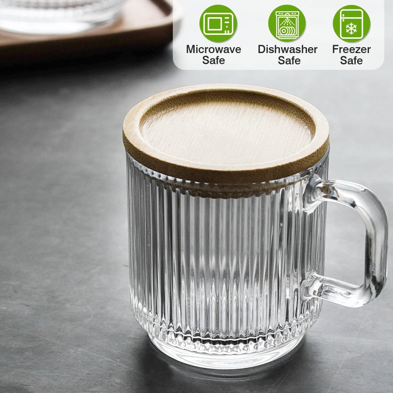 Mfacoy 2 PACK Glass Coffee Mugs with Handle & Spoon, 12 OZ Glass Coffee Cups with Bamboo Lid, Ribbed Glass Cups, Clear Tea Cup for Hot/Cold Beverages, Glassware Set for Americano, Latte, Cappuccino - Image 5