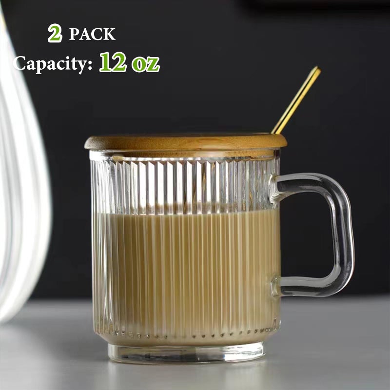 Mfacoy 2 PACK Glass Coffee Mugs with Handle & Spoon, 12 OZ Glass Coffee Cups with Bamboo Lid, Ribbed Glass Cups, Clear Tea Cup for Hot/Cold Beverages, Glassware Set for Americano, Latte, Cappuccino - Image 2
