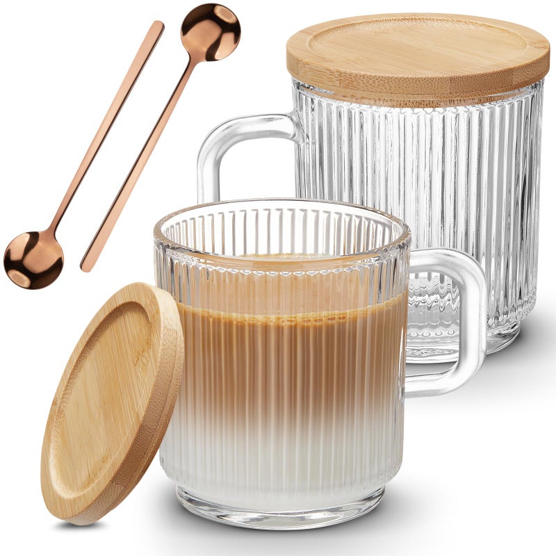 Mfacoy 2 PACK Glass Coffee Mugs with Handle & Spoon, 12 OZ Glass Coffee Cups with Bamboo Lid, Ribbed Glass Cups, Clear Tea Cup for Hot/Cold Beverages, Glassware Set for Americano, Latte, Cappuccino - Image 1