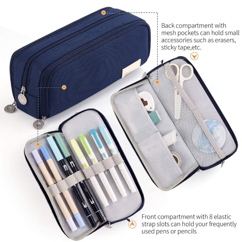 Pencil Case: Navy 8.46*2.76*3.54in - Durable Tear-resistant Material With Strong Metal Zippers, 3 Compartments Large Storage Pouch for School, Office, Travel And Daily Organization - Image 3