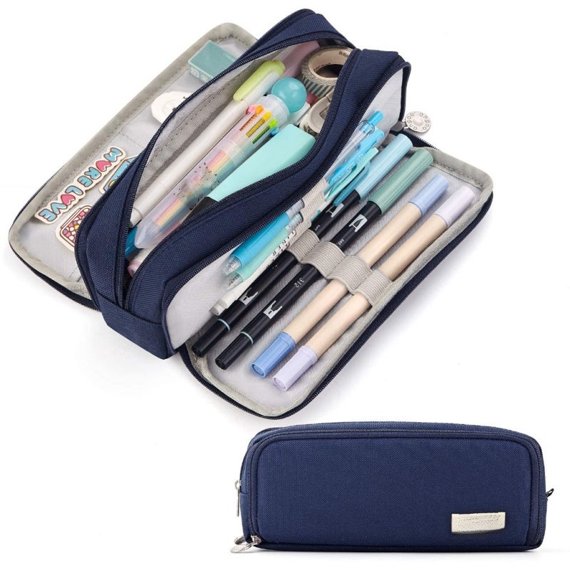 Pencil Case: Navy 8.46*2.76*3.54in - Durable Tear-resistant Material With Strong Metal Zippers, 3 Compartments Large Storage Pouch for School, Office, Travel And Daily Organization - Image 1