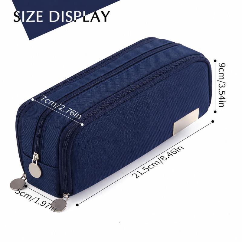 Pencil Case: Navy 8.46*2.76*3.54in - Durable Tear-resistant Material With Strong Metal Zippers, 3 Compartments Large Storage Pouch for School, Office, Travel And Daily Organization - Image 5