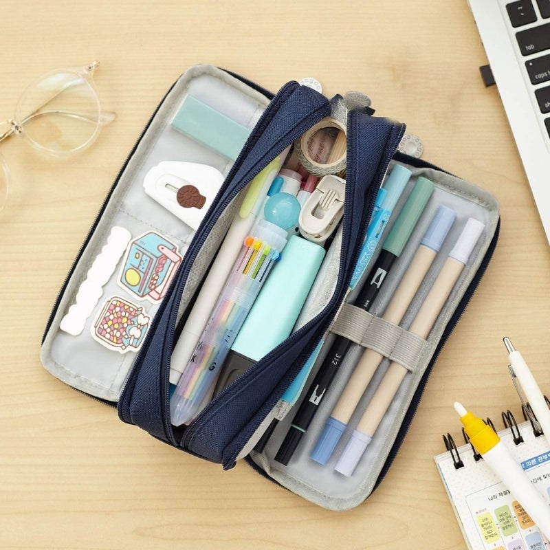 Pencil Case: Navy 8.46*2.76*3.54in - Durable Tear-resistant Material With Strong Metal Zippers, 3 Compartments Large Storage Pouch for School, Office, Travel And Daily Organization - Image 2