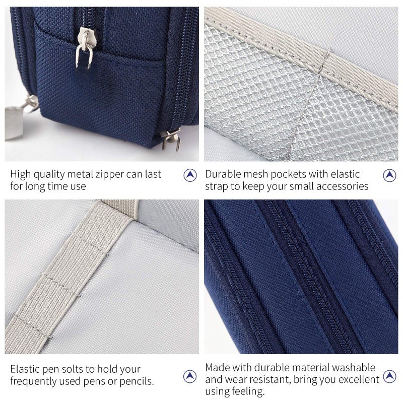 Pencil Case: Navy 8.46*2.76*3.54in - Durable Tear-resistant Material With Strong Metal Zippers, 3 Compartments Large Storage Pouch for School, Office, Travel And Daily Organization - Image 4