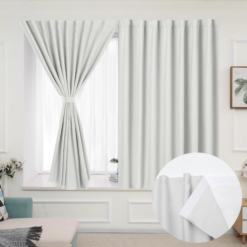 Muamar 2pcs Blackout Curtains Privacy Curtains 63 Inch Length Window Curtains Easy Install Thermal Insulated Window Shades Stick Curtains No Rods  White 42"" W X 63"" L - Image 1