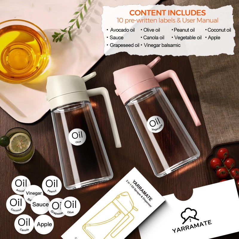 ‎YARRAMATE YARRAMATE 16oz/470ml Glass Olive Oil Sprayer for Cooking with Stickers, 2 in 1 Oil Dispenser for Kitchen Gadgets, Food Grade Premium Spray Bottle for Salad, Frying, BBQ (PeachPink) - Image 2