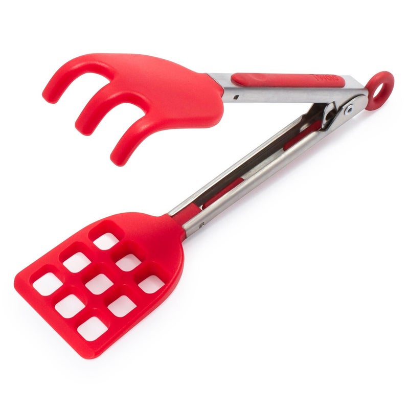 Tovolo Waffle Tongs Mini Silicone Kitchen Tongs for Cooking Serving Flat Stainless Steel Small Tongs with Silicone Tips for Salads Belgian Waffles Air Fryer Appetizers Dishwasher Safe Candy Apple Red - Image 1
