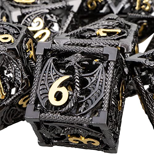 ARUOHHA Hollow DND Metal Dice Set Black Gold Dragons D and D Dice RPG Role Playing Games Dungeons Polyhedral Dice with Gift Box D20 D12 D10 D8 D6 D4 - Image 1
