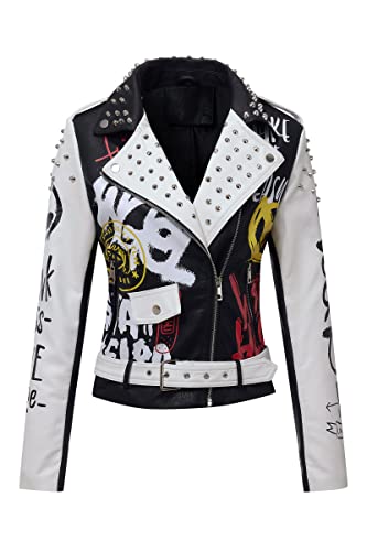 RISISSIDA Studded Leather Jacket Women Moto Motorcycle Faux Leather Short Coat Black-white 0477 M - Image 1