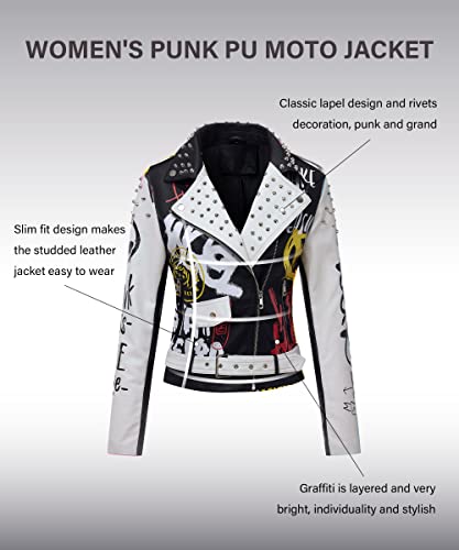 RISISSIDA Studded Leather Jacket Women Moto Motorcycle Faux Leather Short Coat Black-white 0477 M - Image 5