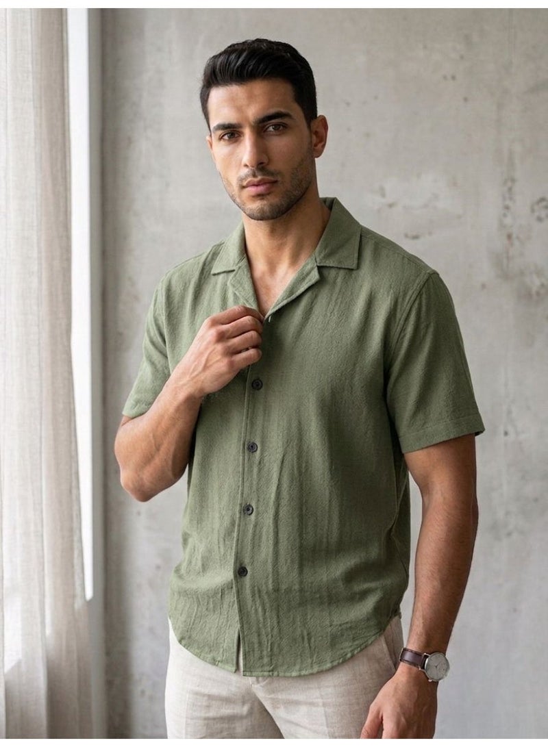 Hikes Men’s Premium Camp Collar Shirt – Cotton Flax Blend, Slim Fit, Breathable Casual Wear - Image 1