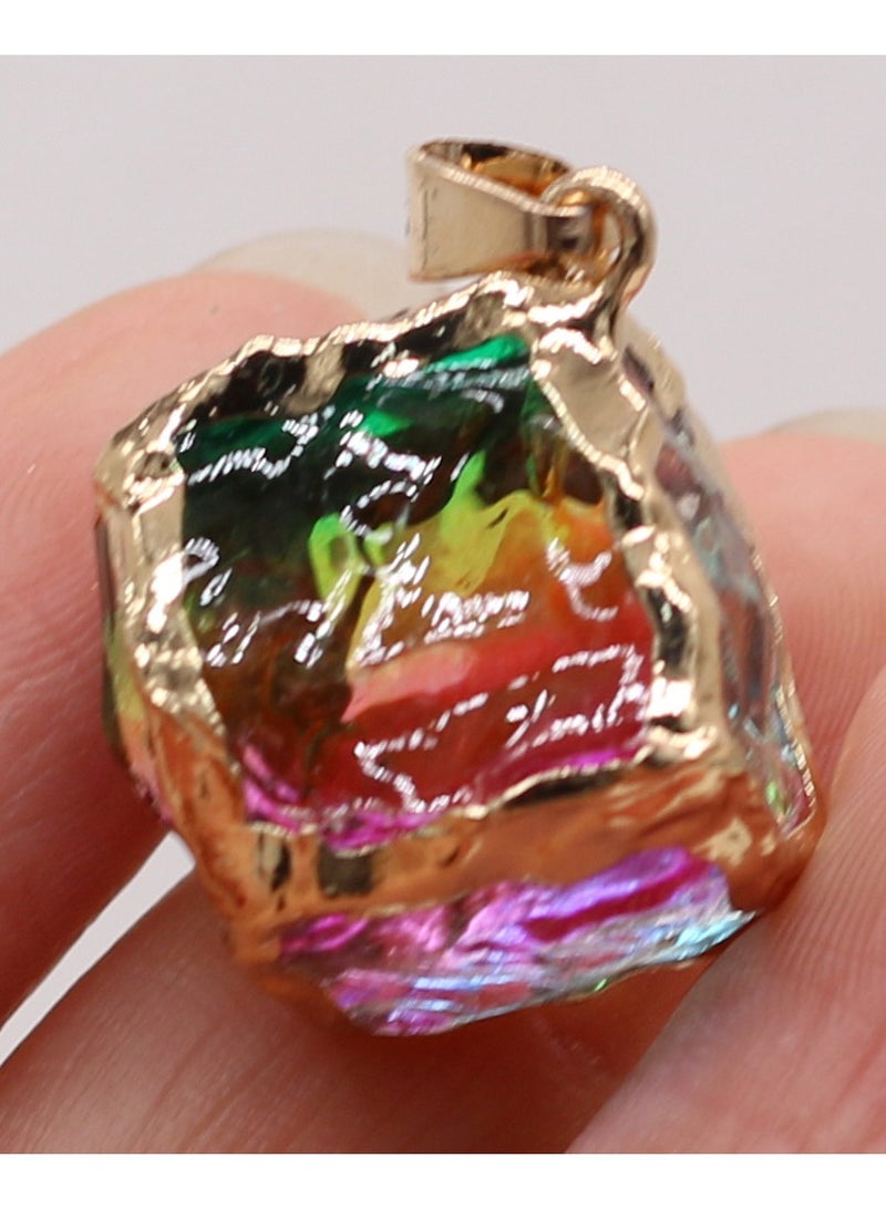 Green Red Purple Natural Stone Crystal 25x25mm Square Glass Pendant with Gold Edge - Image 1