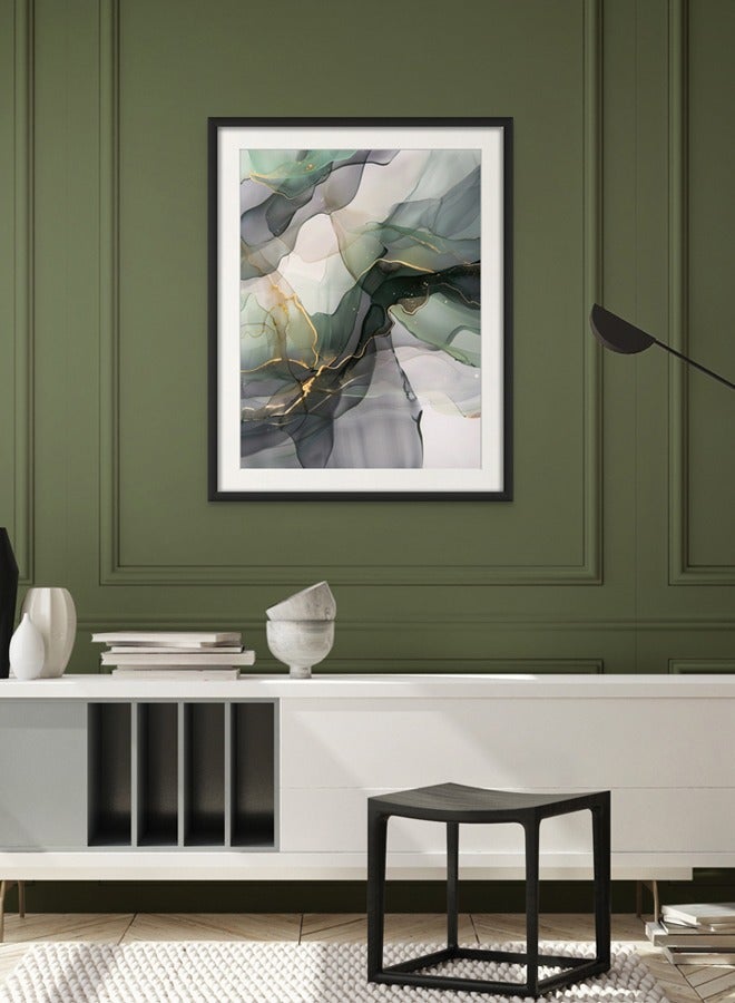 Art Decor Art Decor Dark Green and Grey Water Color Ink Style Abstract Art with Gold Accents Wall Art with Matboard Framed Fine Art Wall Décor for Living Room Bedroom Dining Room Office Gifting - Image 1
