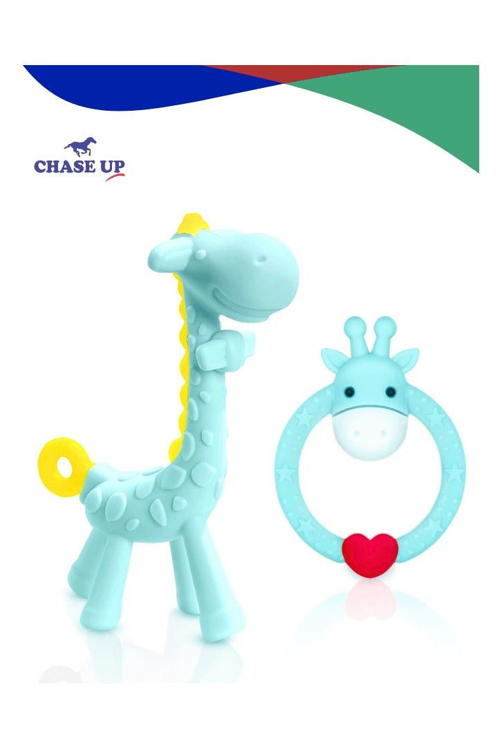 Chase Up BPA Free Silicone Giraffe Baby Teether Toy with Storage Case, for 3 Months Above Infant Sore Gums Pain Relief and Baby Shower, Baby Teething Toys (Blue) - Image 1